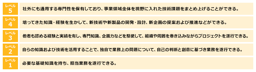 下から「レベル1:必要な基礎知識を持ち、担当業務を遂行できる。」、「レベル2:自らの知識および技術を活用することで、独自で業務上の問題について、自己の判断と創意に基づき業務を遂行できる。」、「レベル3:他者も認める経験と実績を有し、専門知識、企画力などを駆使して、組織や周囲を巻き込みながらプロジェクトを遂行できる。」、「レベル4:培ってきた知識・経験を生かして、新技術や新製品の開発・設計、新企画の提案および推進などができる。」、「レベル5:社外にも通用する専門性を保有しており、事業領域全体を視野に入れた技術課題をまとめ上げることができる。」