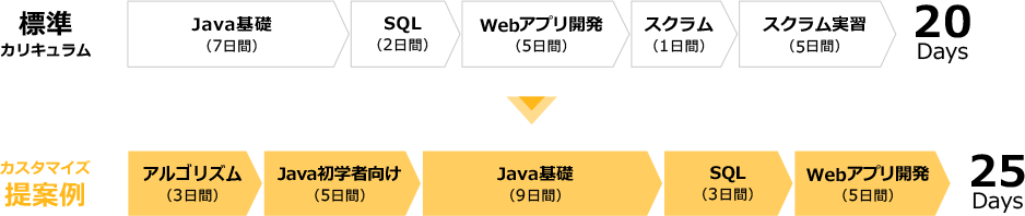 標準カリキュラム（20日間）：Java基礎（7日間）、SQL（2日間）、Webアプリ開発（5日間）、スクラム（1日間）、スクラム実習（5日間）→カスタマイズ提案例（25日間）：アルゴリズム（3日間）、Java初学者向け（5日間）、Java基礎（9日間）、SQL（3日間）、Webアプリ開発（5日間）