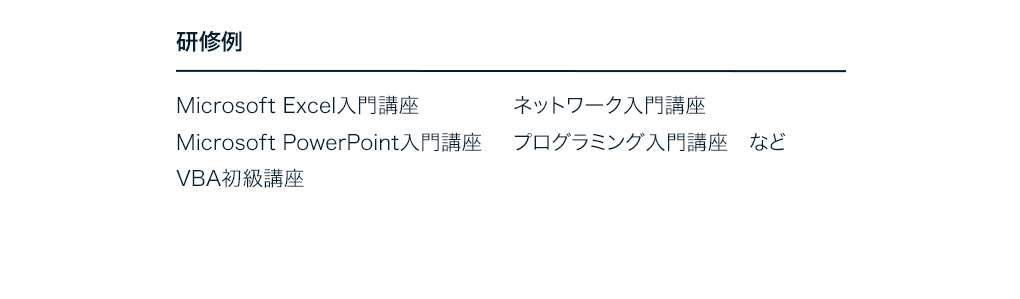研修例 Microsoft Excel入門講座 Microsoft PowerPoint入門講座 VBA初級講座 ネットワーク入門講座 プログラミング入門講座　など